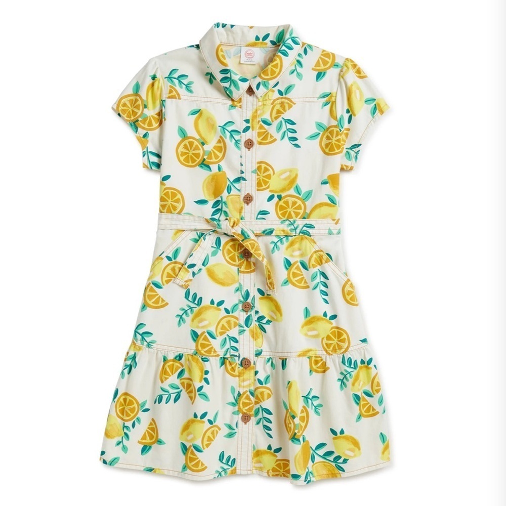 WONDER NATION Lemon Print Girls’ Belted Short Sleeve Shirt Dress